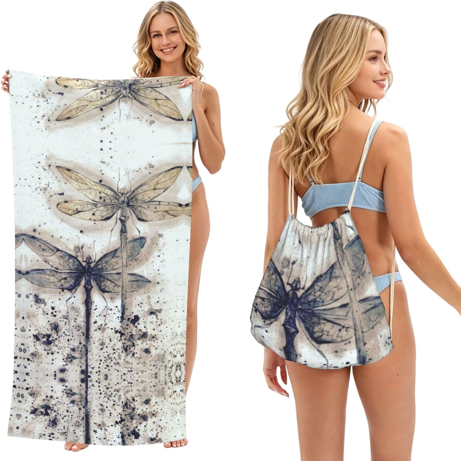 ESNAIUVCD Modern Dragonfly Print Beach Towel For Adults,Towel With Drawstring Bag, Travel Pool Swimming Sports Shower Sand Free Quick Dry Bath Towel For Pool, Beach, Yoga- 180x60cm