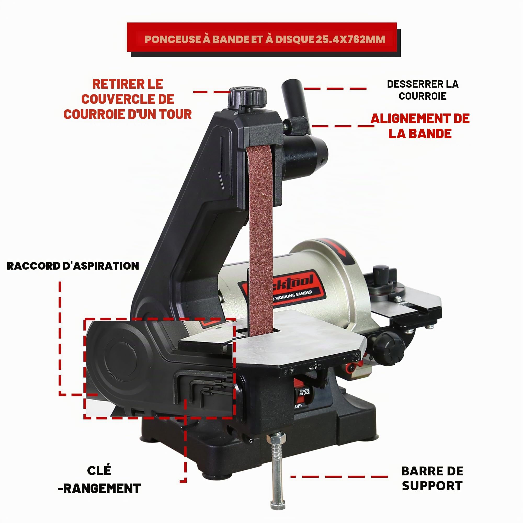 BUCKTOOL Ponceuse à disque à bande 250 W, bande de 25,4 x 762 mm, clé à disque de 125 mm, stockage et retrait facile du couvercle de la bande, disque de ponçage à entraînement direct vitesse 2980 tr