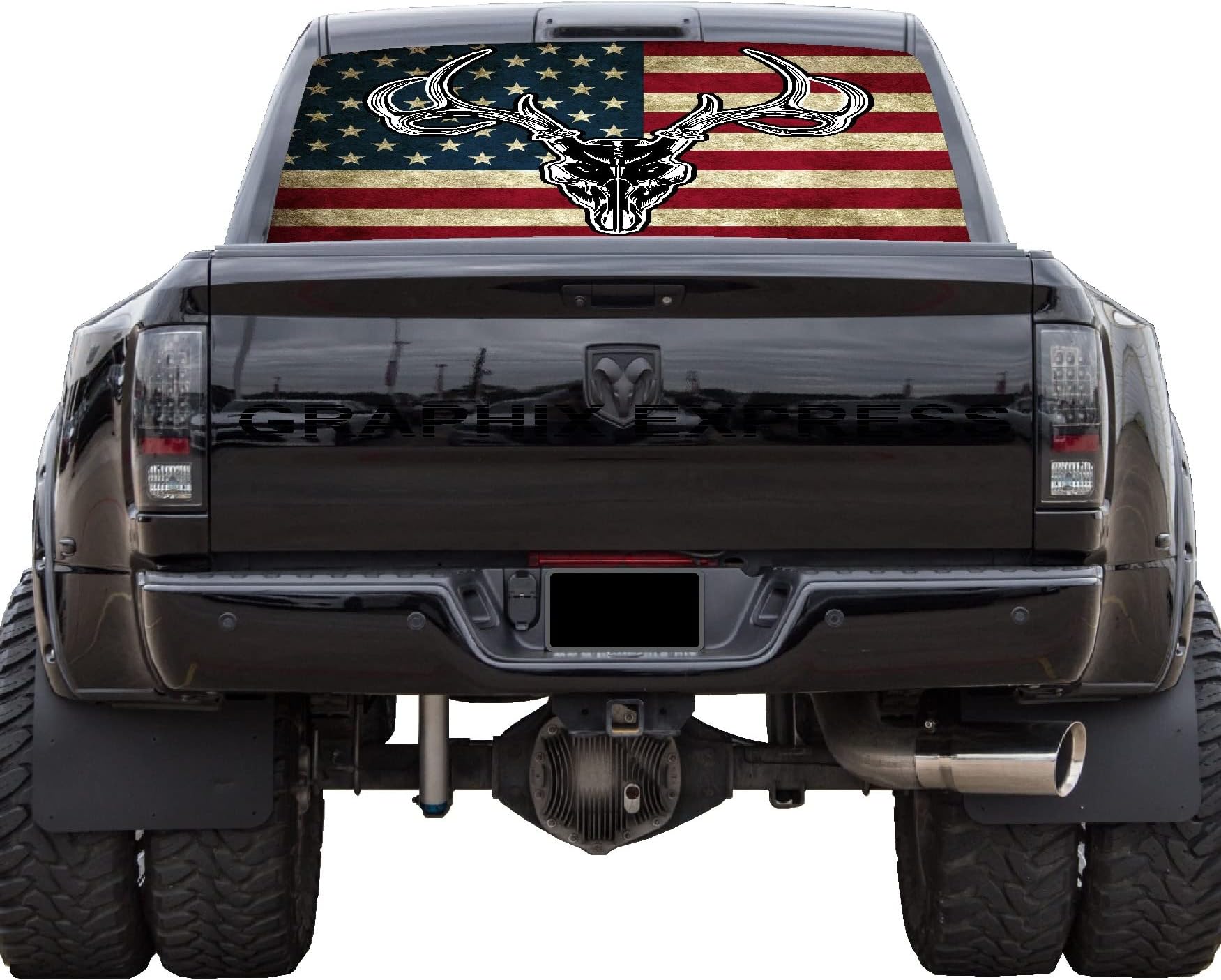 GRAPHIX EXPRESS Truck Back Window Graphics - Deer Hunter Skull Flag Decal (P533) - Hunting American Flag - Universal See Through Rear Window Vinyl Wrap - Full Window Decals for Trucks