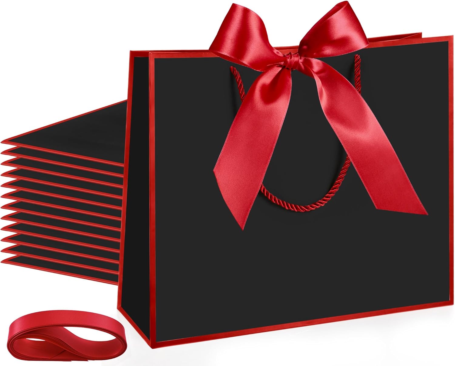 Silkfly Thank You Gift Bags with Handle 12x10x4'' Welcome Return Gifts Bag with Bow Ribbon for Wedding Bridesmaid Baby Shower Birthday Housewarming Employee Appreciation Day(Black, Red,12 Pcs)