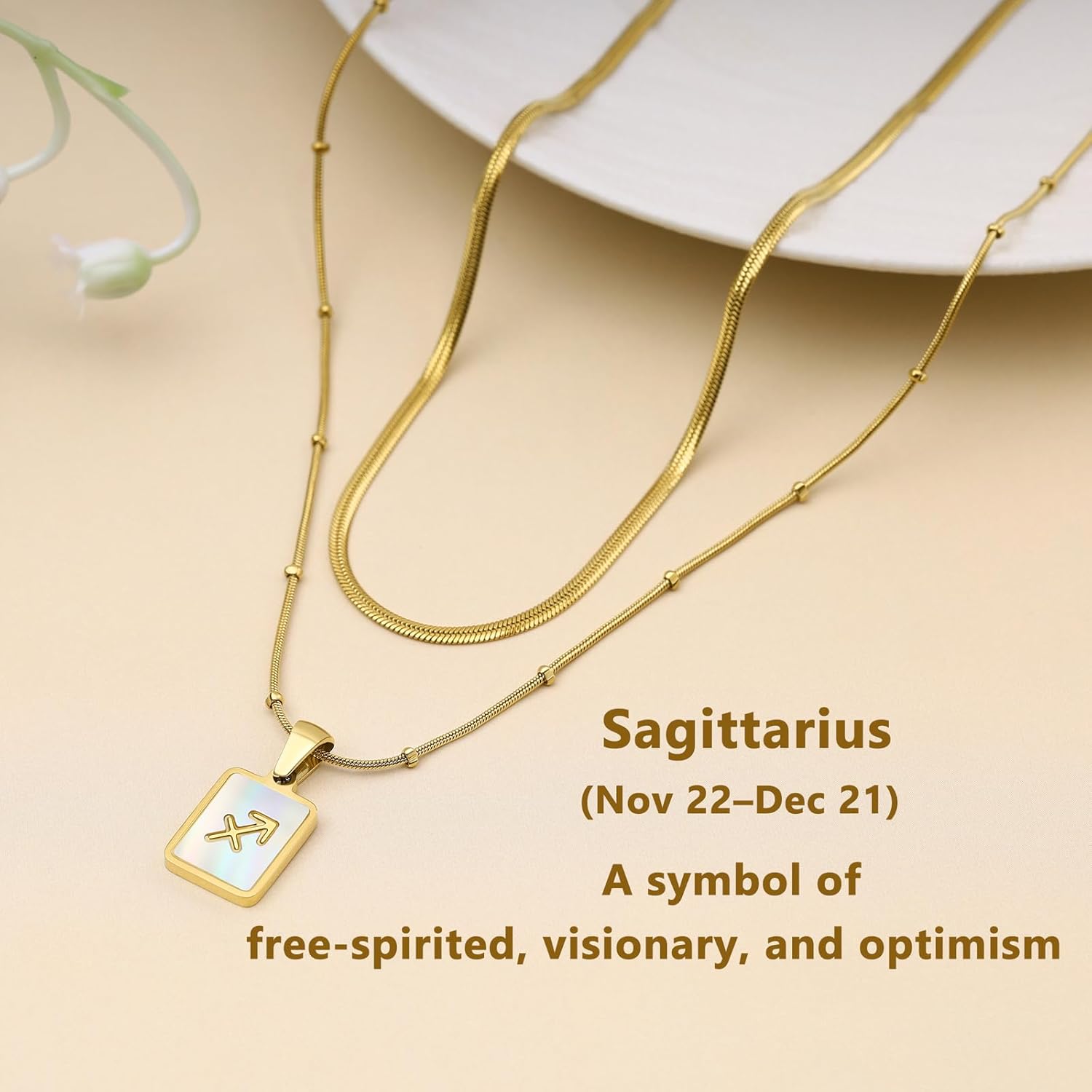 LETFLY Zodiac Natural Shell Layered Gold Necklace for Women, 18K Gold Plated Square Shaped Pendant with Adjustable Layered Snake Chain for Womens Jewelry Gifts - Image 5