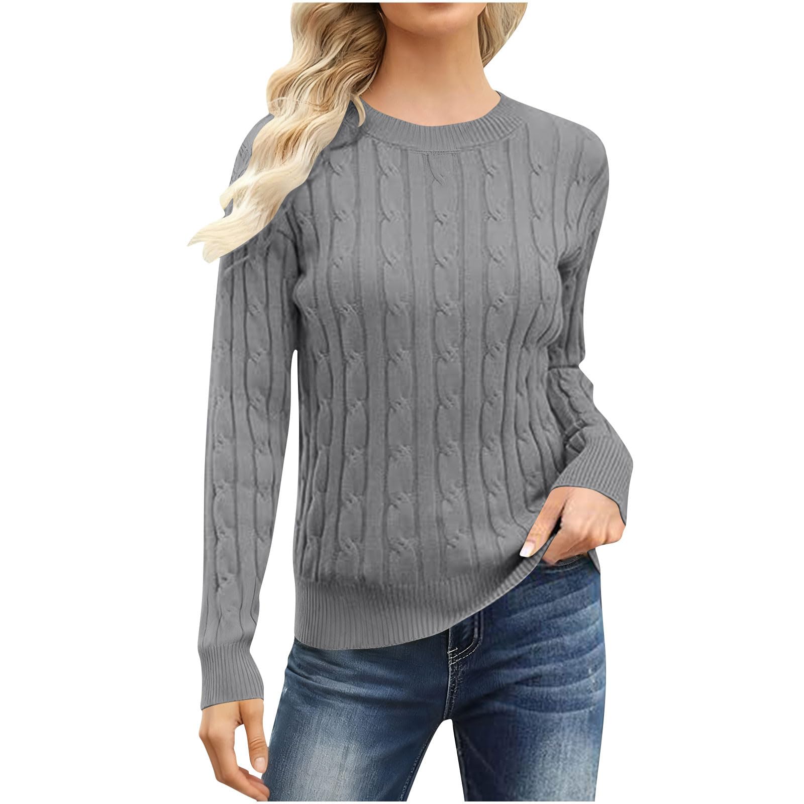 Womens Sweaters Fall Winter Long Sleeve Crew Neck Solid Color Casual Loose Chunky Cable Knit Pullover Sweater Top