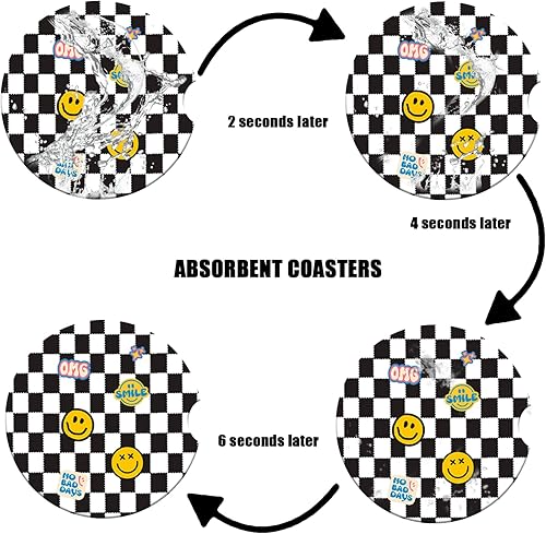 Miniatura 6 de Posavasos para automóvil, posavasos de cerámica absorbente de cara sonriente en blanco y negro, posavasos de automóvil para portavasos, accesorios