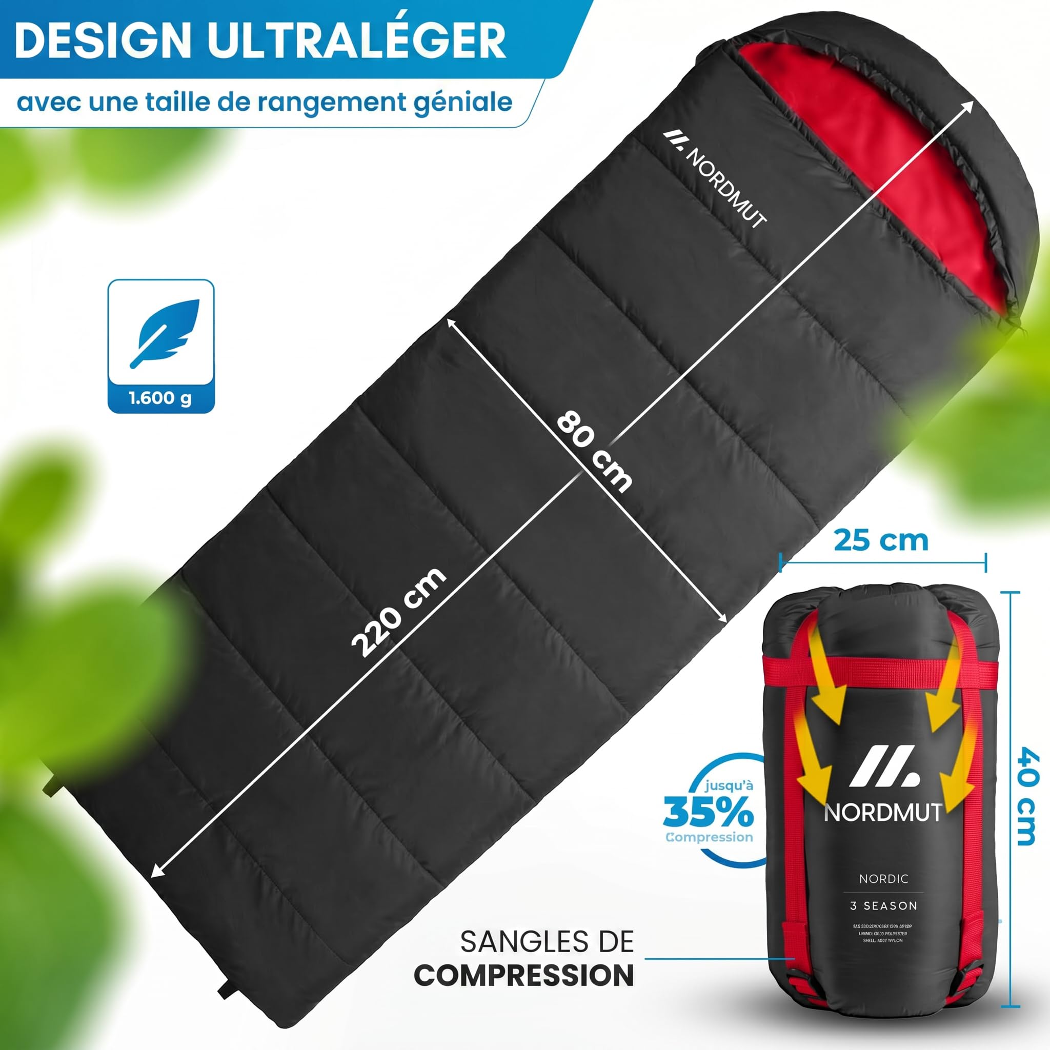 NORDMUT® Sac de Couchage Couverture Adulte avec Fermeture éclair YKK à Double Sens – Format Compact & ultraléger 1600 g – 3 Saisons (250 GSM) – Sac de Couchage pour Camping, Outdoor & Festivals