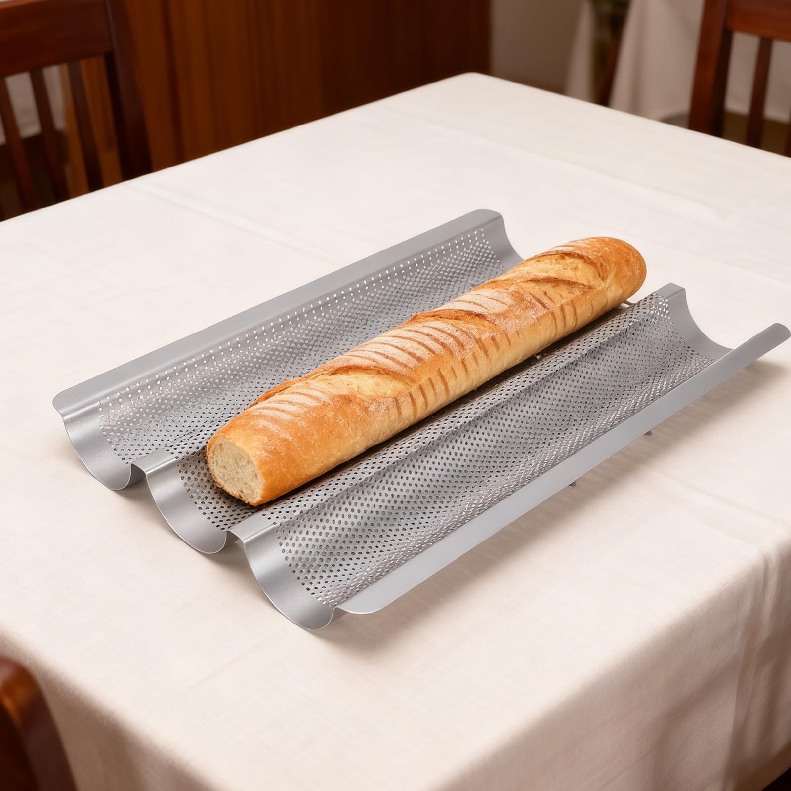 Sartenes para Pan Francés Antiadherentes Perforadas, 3 Bandejas para Hornear Pan, Acero Inoxidable para Cocina Casera