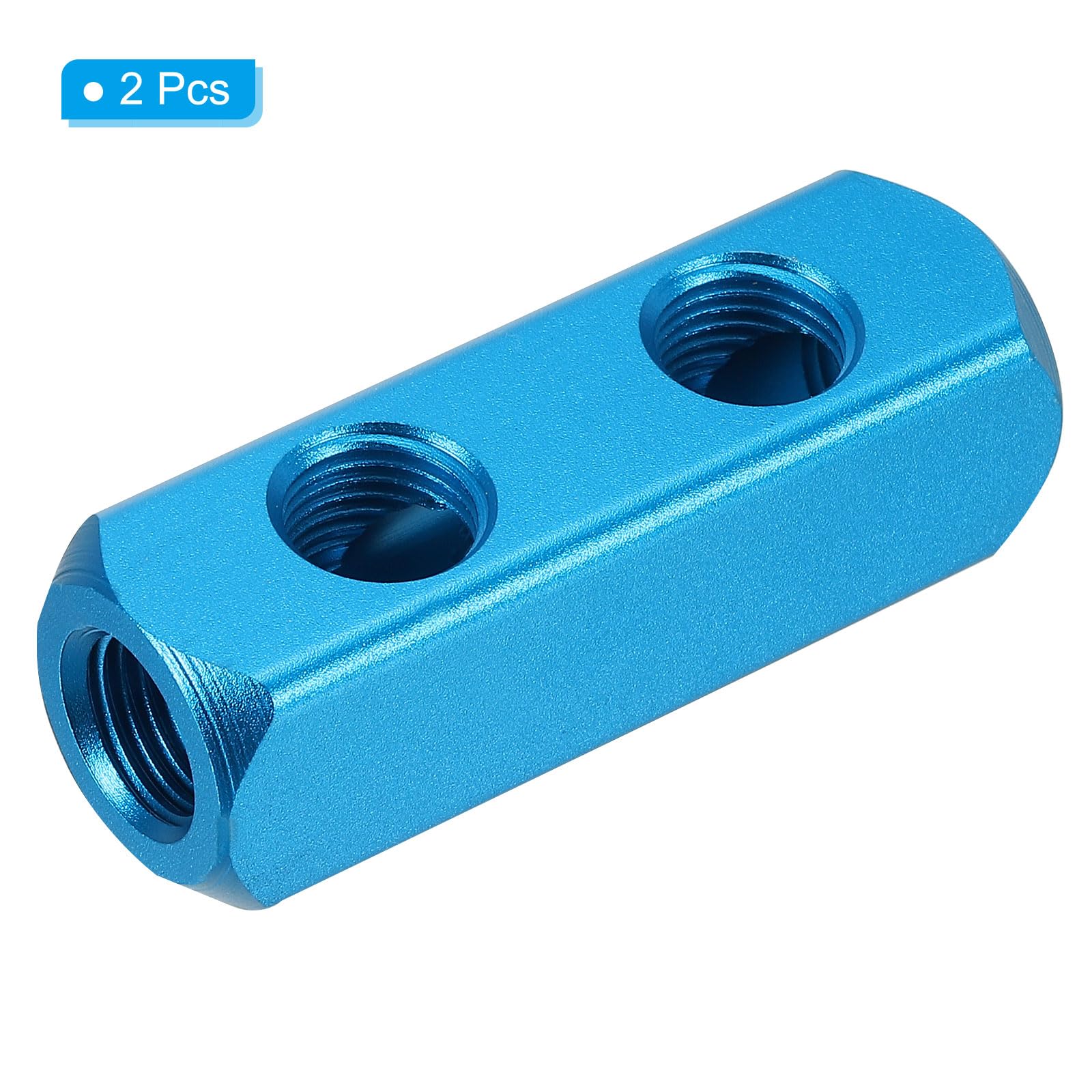 PATIKIL 2 Way 5 Port Air Manifold, 2 Pack G1/4 Inch Aluminum Air Hose Inline Manifold Block Splitter Pneumatic Air Hose Fitting, Blue - Image 3