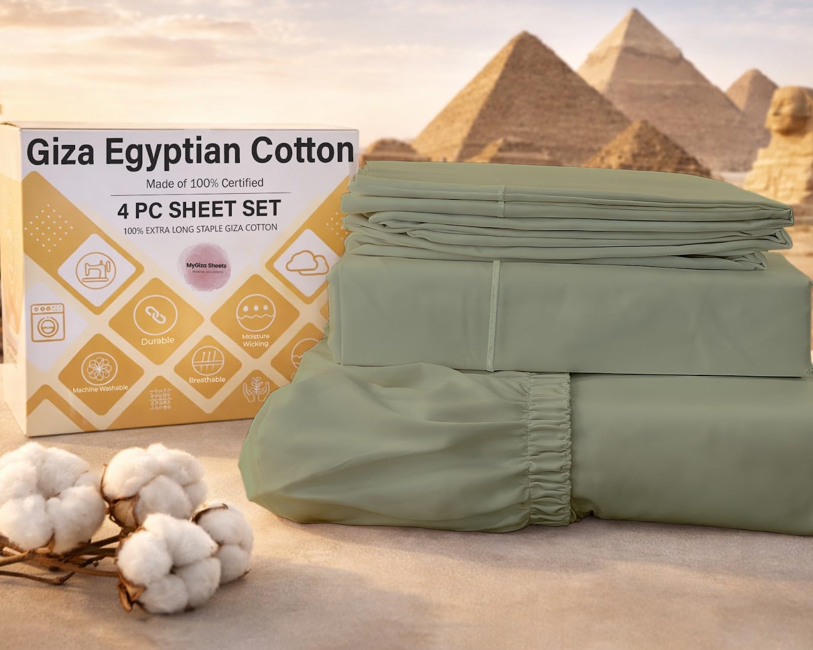 MyGiza Sheets 4 Pcs Twin Sheet Set, 100% Certified Giza Egyptian Cotton, Soft & Luxury Sheets fits 15 Inches Deep Mattress, Sage