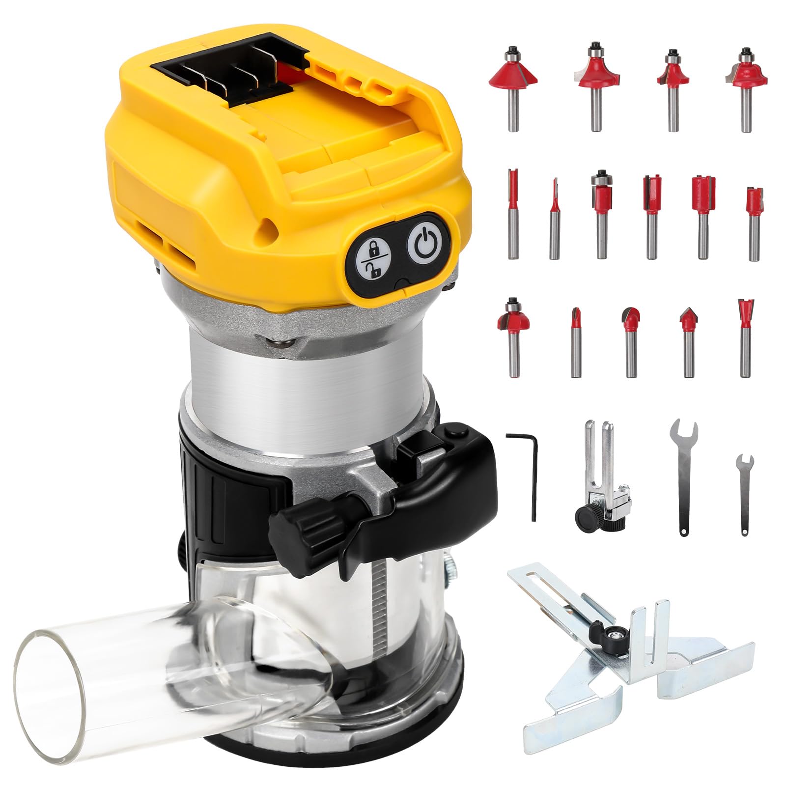Cordless Router Compatible with Dewalt 20V Battery, 1300W Brushless Wood Trimmer with 6 Speed, Straight Guide, Guide Wheel, 15 Milling Bits and Dust Duct, Palm Router for Woodworking (No Battery)