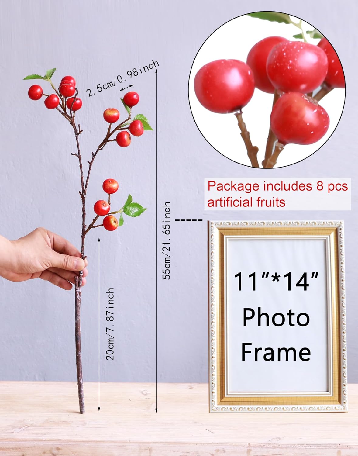 Forlaoers Realistic 21.6 Inch 8Pcs Fake Berries Artificial Fruit Faux Berry Branches for Home Decor Christmas Party Decorations Kitchen Dining Room Table Vase Arrangements