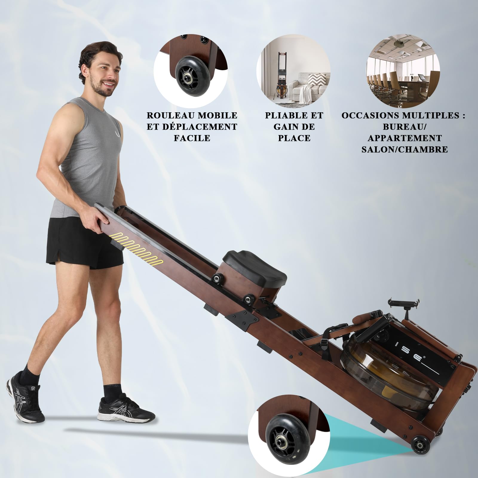 ISE Rameur Pliable à Eau Fitness, Rameur d'Appartement Pliable Maison/Bureau, avec Pompe à Eau, Niveau Résistance 30KG Maxi, Écran LCD, Siège Réglable, Water Rowing Machine Roue Transport Rail Lisse