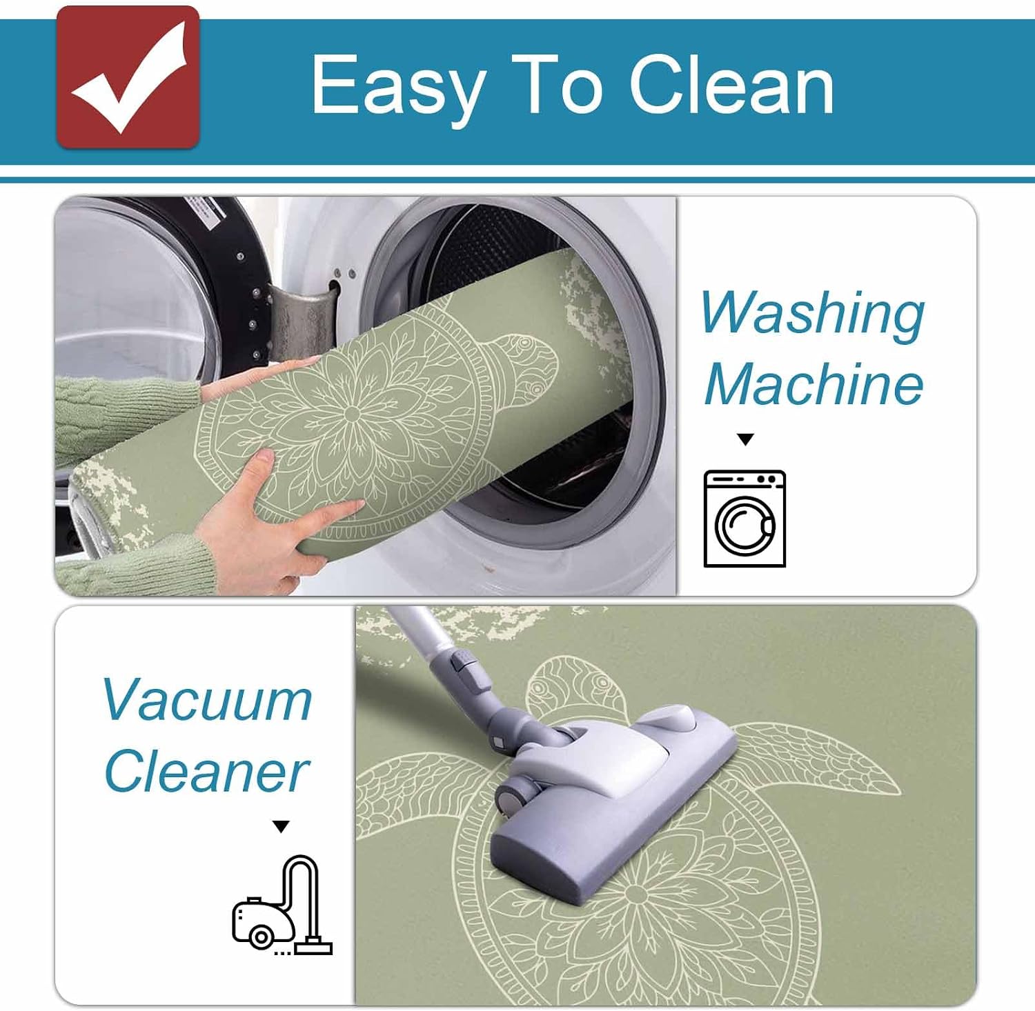 Prime Leader Turtle Sage Green Kitchen Mat Set 2 Pieces Lines Floral Mottled Pattern Non Slip Kitchen Rugs Washable Runner Rug Mats for Sink Laundry (19.7" x 31.5"+19.7" x 47.2")