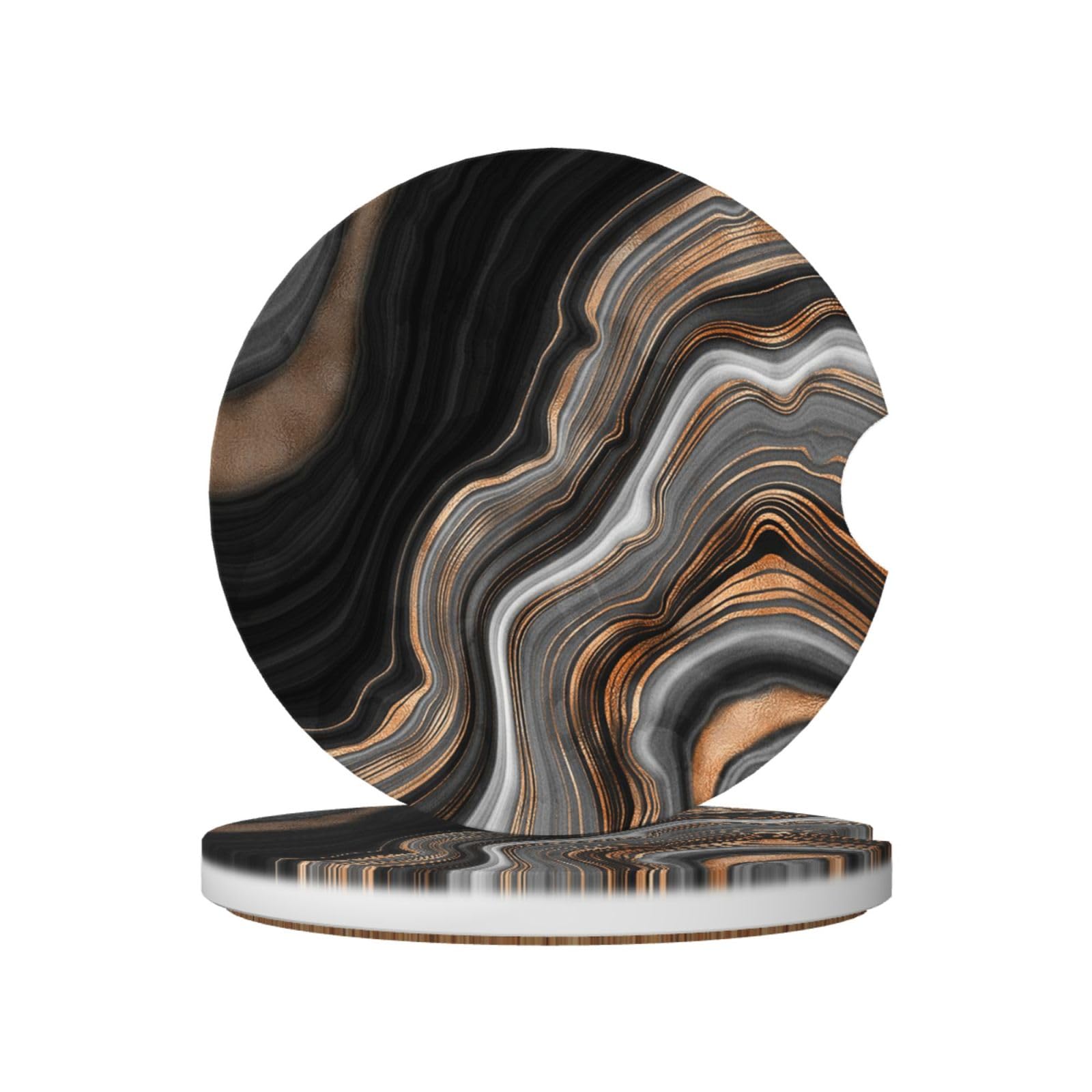 Elegant Black Marble With Gold And Copper Veins, Car Cup Holder Coasters 2 Pack, Absorbent Ceramic Car Coasters with Non Slip Cork Base