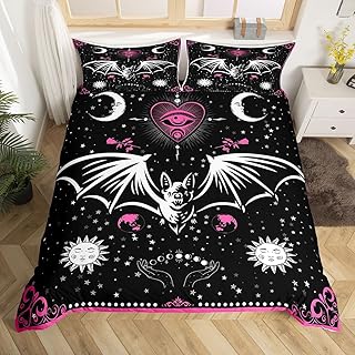Bat Duvet Cover Set King Size Sun Moon Starry Galaxy Bedding Set Gothic Style Wild Animals Comforter Cover for Kids Boys Girls Teens Bedroom Decor Pink Floral Exotic Black White Quilt Cover 3Pcs
