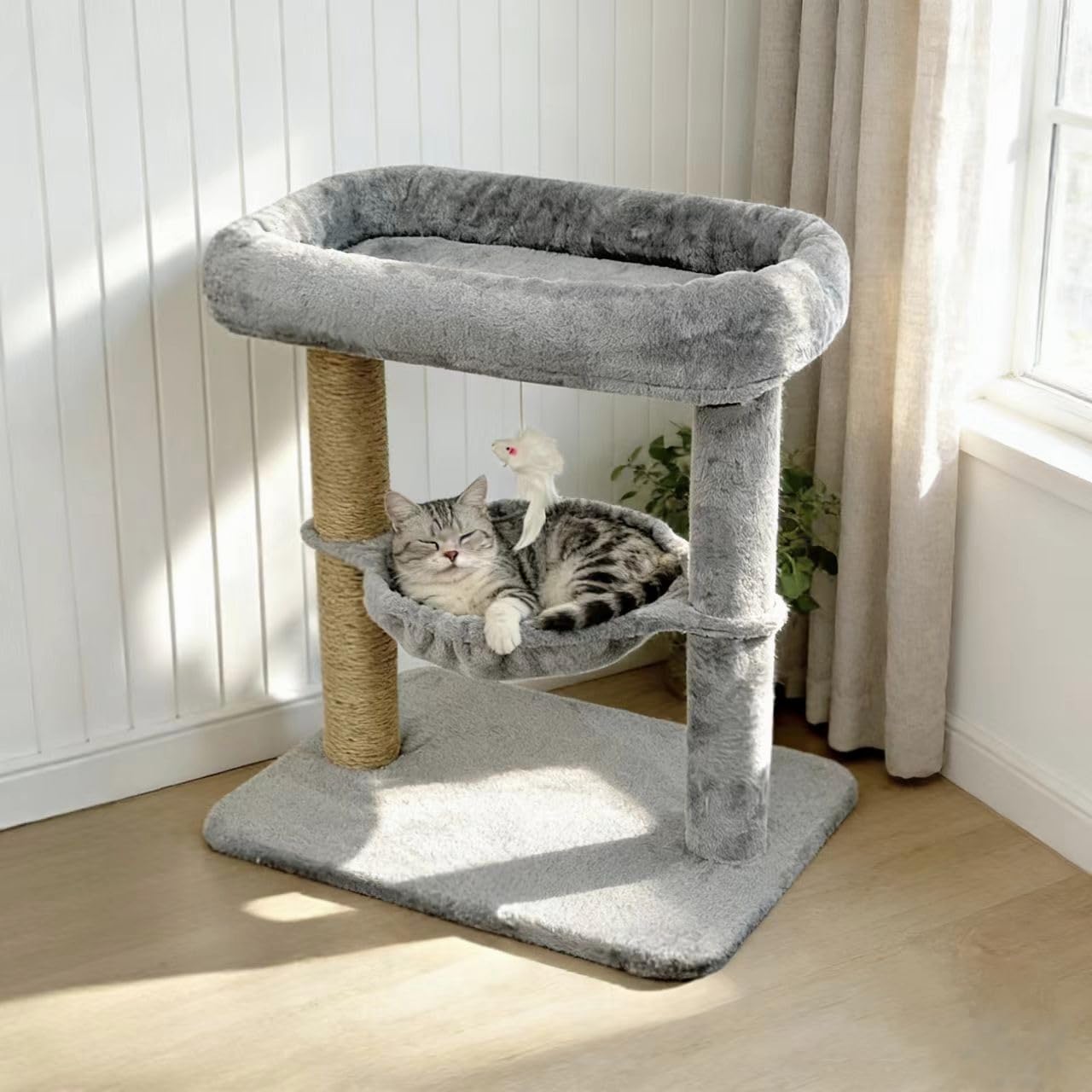 Pawly Small Cat Tree with Hammock & Sisal Scratching Post, Cozy Cat Tower for Indoor Cats up to 25lbs, Plush Top Perch & Interactive Toy, 21 x 16 x 24 Inches, Grey