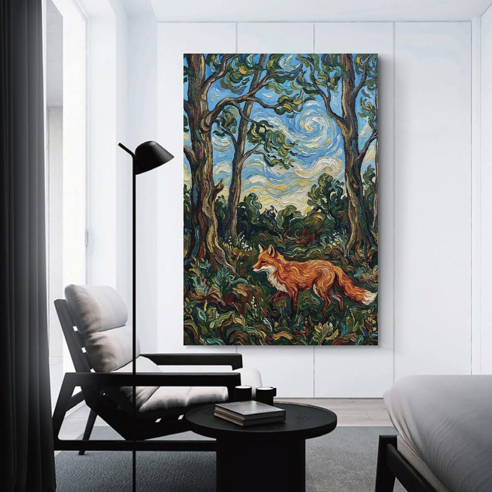 Junmoney Home Decor Wall Art Fox in A Van Gogh-style Forest, 20x30inch(50x75cm), for New Homes, Bedrooms Or Workspaces, Decorative Present for New Homes