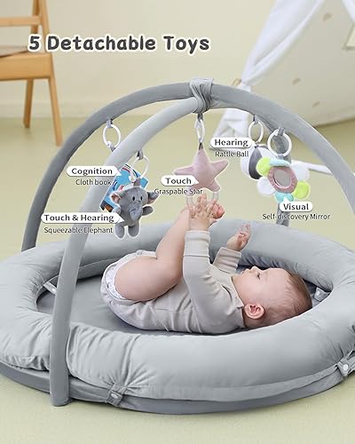 Miniatura 4 de Hiseeme Gimnasio de juegos 5 en 1, tapetes gruesos y de felpa para bebé, tapete para el tiempo boca abajo con 5 juguetes para el desarrollo de