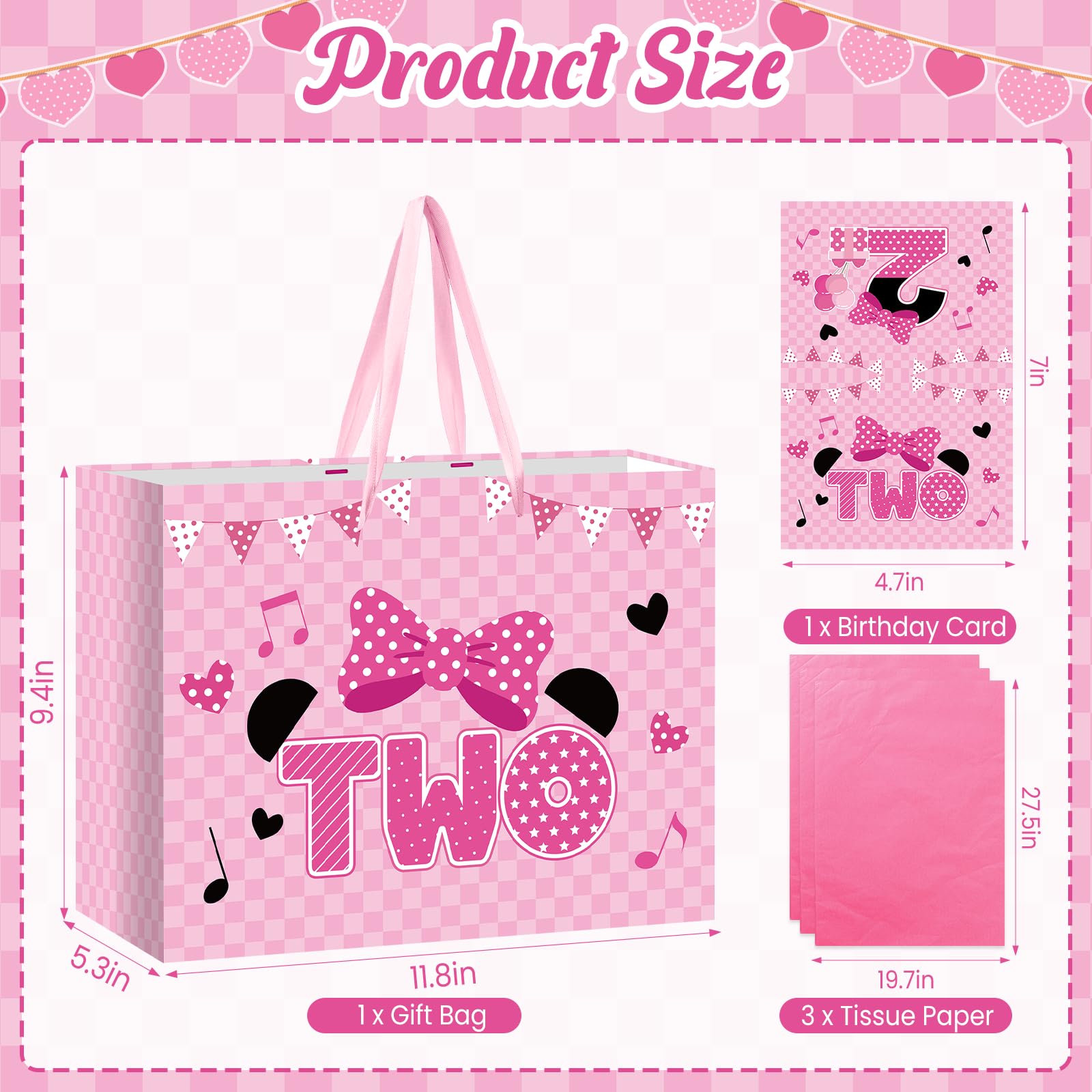 Cartoon Mouse 2nd Birthday Gift Bag Pink Mouse 2nd Birthday Bag with Tissue Paper and Card Pink Plaid Bow Two Years Old Gift Wrapping Paper Bags for Baby Girls Shower Princess 2 Year Old Party Decor