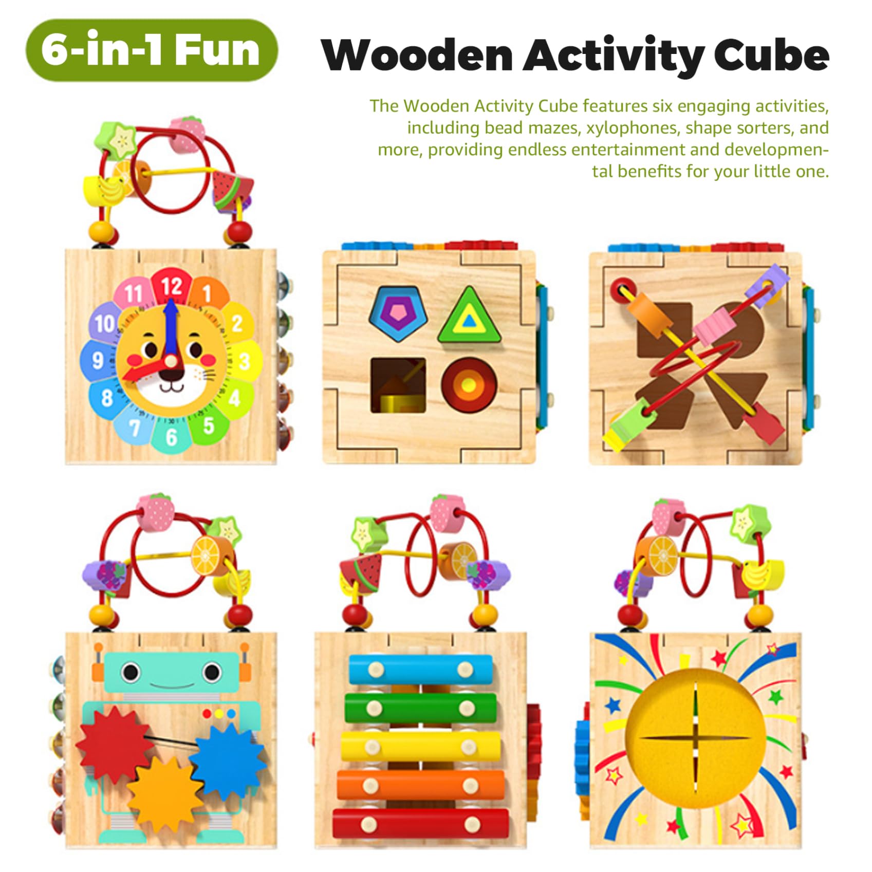 Juguetes de cubo de actividades de madera, 1 juego 6 en 1, cubo de actividades multifuncional para bebés, juguetes sensoriales educativos y de aprendizaje para niños para vacaciones y cumpleaños