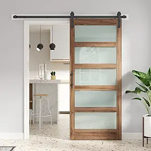 FREDBECK 36 x 84 inch Glass Barn Door with 6.6FT Barn Door Hardware Kit & Handle Included,5-Panel Frosted Glass, Water-Proof Surface,Pre-Drilled Holes,Need Assembly