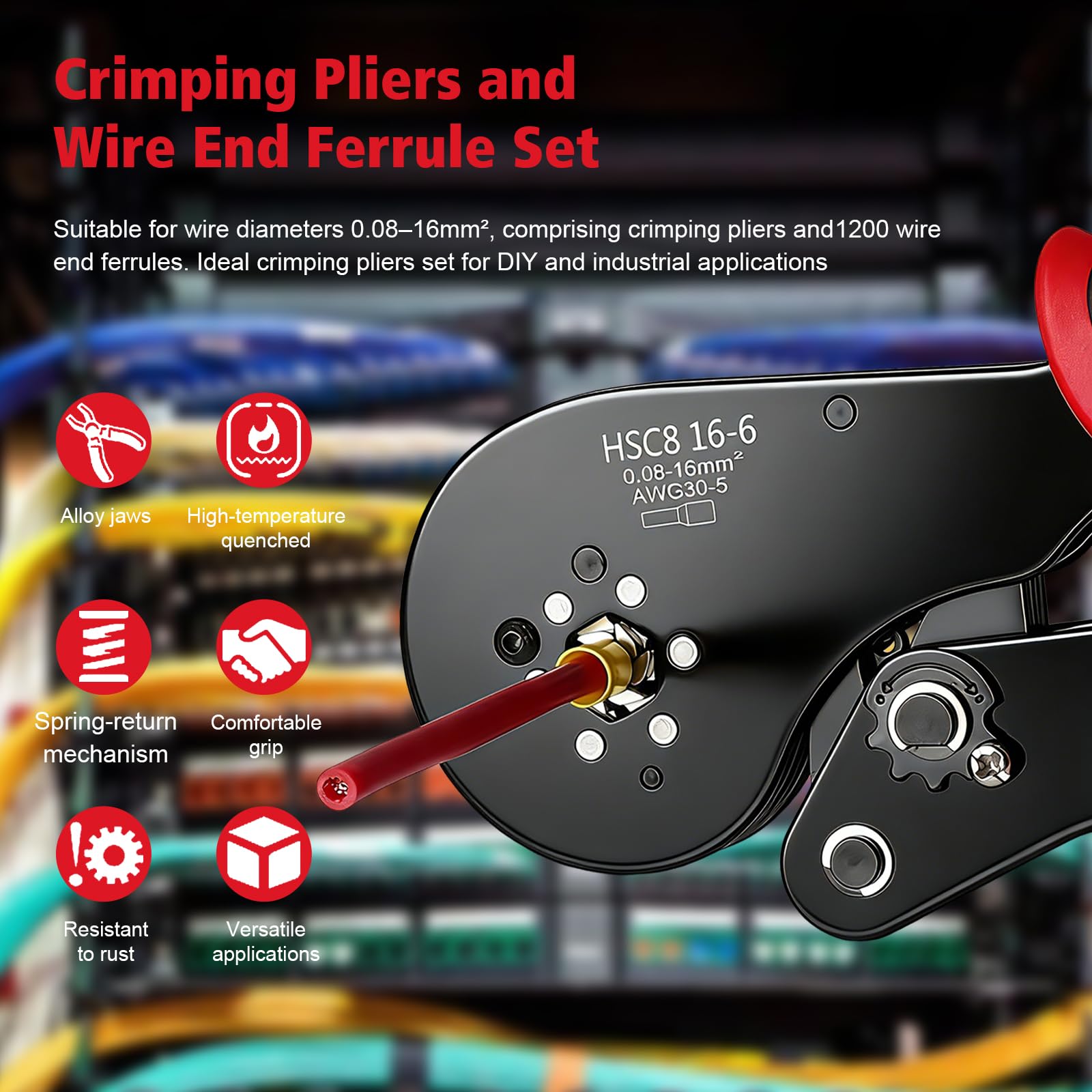 Crimpadores Hexagonales 0.08-16mm²,Crimpadora Terminales Electricos | Con 1200 Terminales De Cable,Set Alicates Terminales Electricos,Empuñadura Ergonómica Para Electricistas