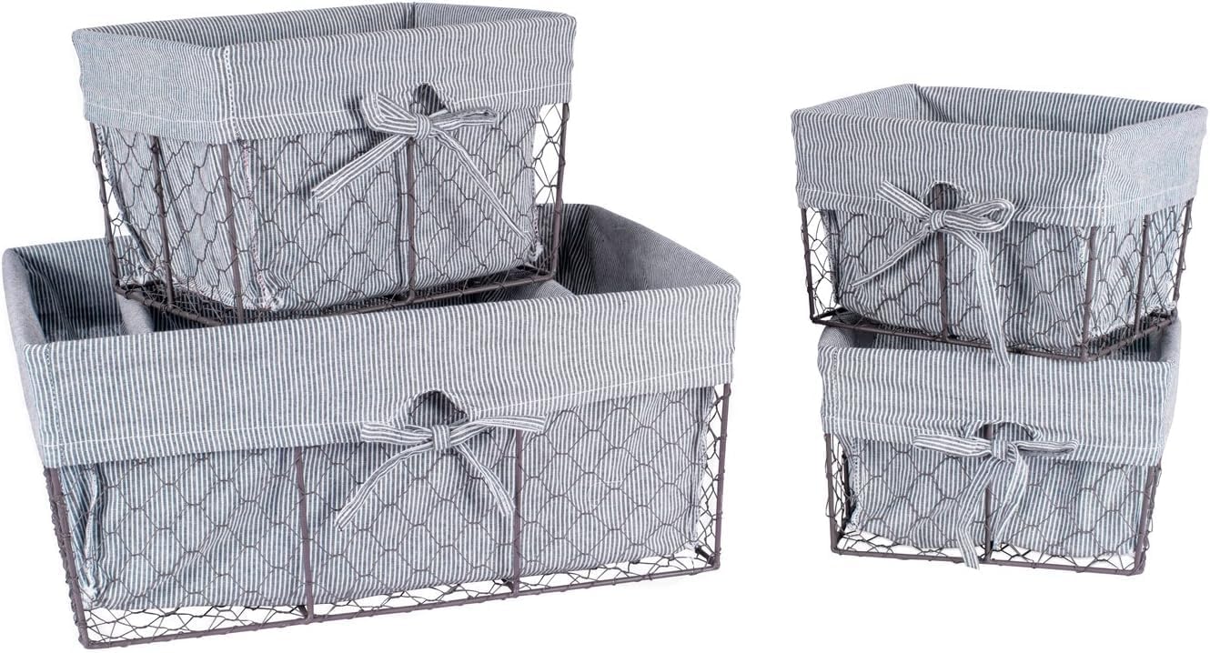 DII Farmhouse Chicken Wire Storage Baskets with Liner, Set of 5, Rustic Ticking Stripe, Assorted Sizes