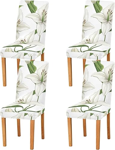 Cartoon Lily Flowers White Decorative Chair Back Covers for Hotel Washable Protective Chair Covers cubre sillas para comedor Set of 4