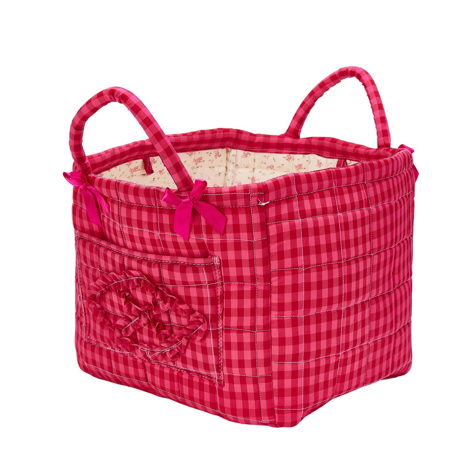 Boho Fabric Storage Basket Quilted Floral Print Baskets Organizer Bin with Handles for Home, Picnic, Shopping (A-Red 2, One Size)