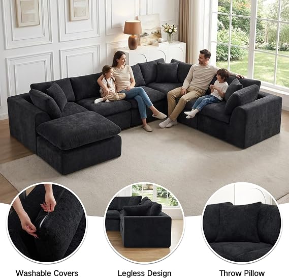 140 Oversized Modular Boneless Sectional Cloud Couch, Chenille Sofa, Black
