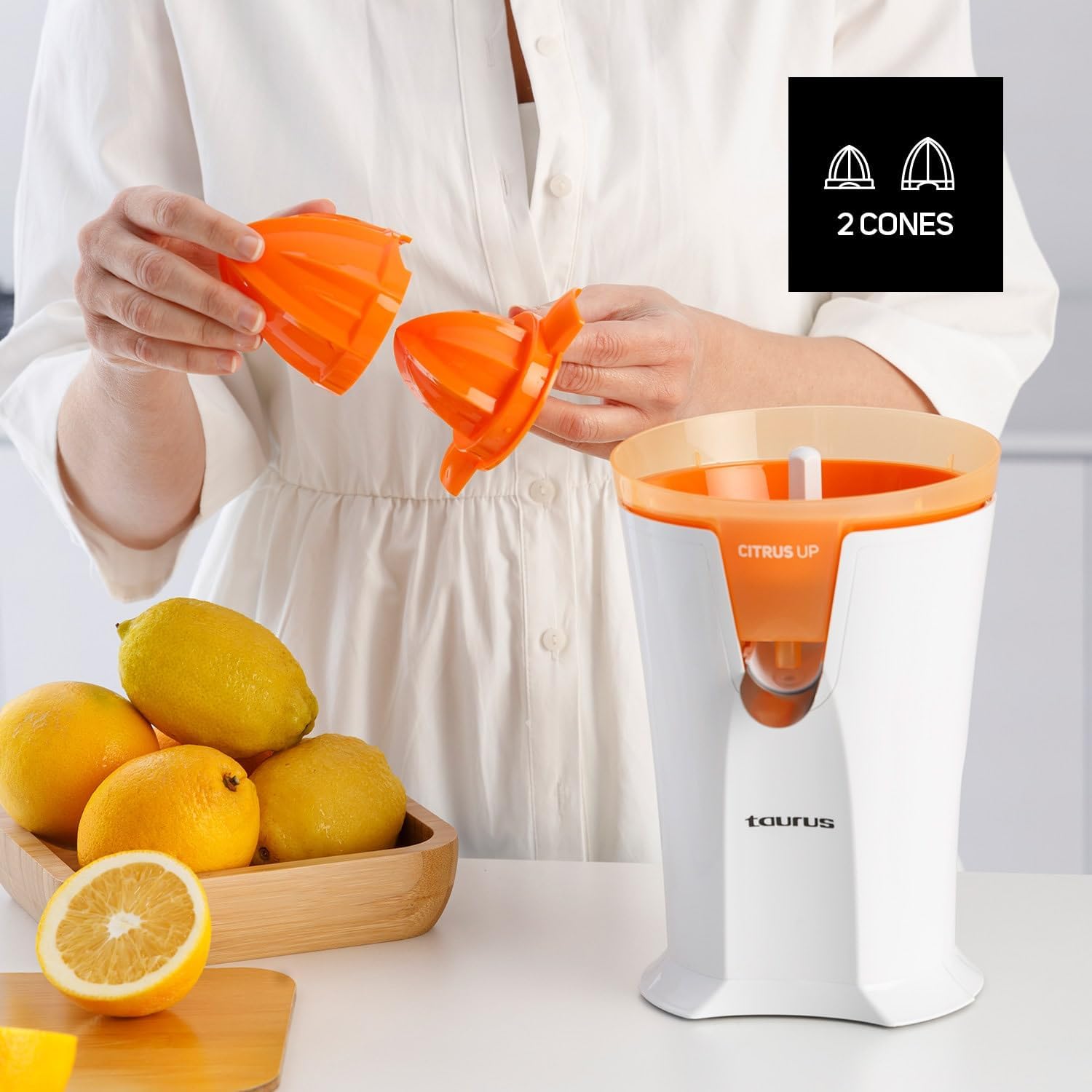Taurus - Citrus Up Extra Tall Juicer | 40W | Continuous Flow | 2 Extractor Cones | 200ml Tank | Glasses up to 14 cm | Lockable Spout | Two-Way Rotation