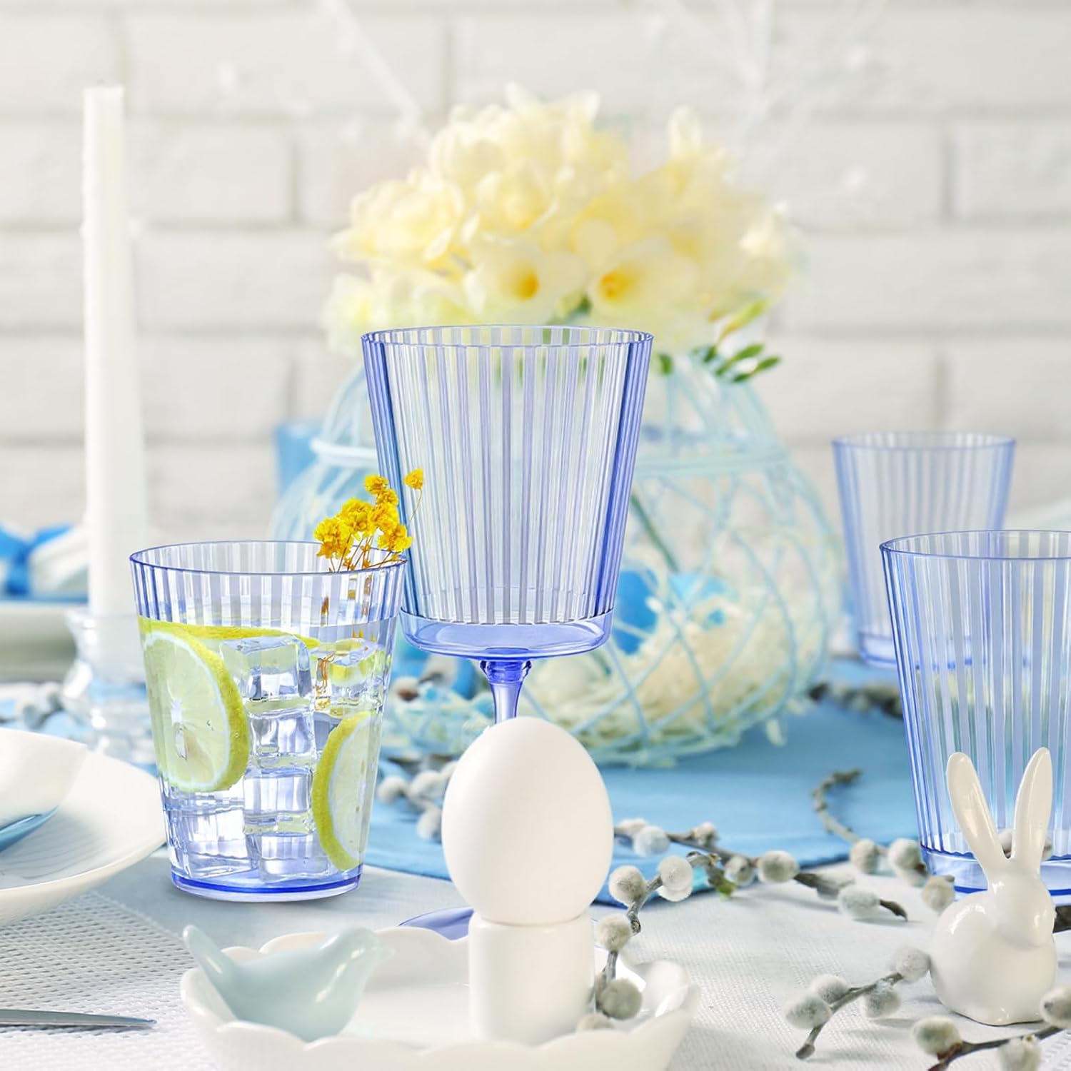 48 PCS Plastic Ribbed Drinking Glasses 10oz Blue Unbreakable Vintage Ripple Stemless Wine Glasses Cocktail Tumbler Glass Cups Disposable Retro Glasses Drinkware for Wedding Baby Shower Birthday Party