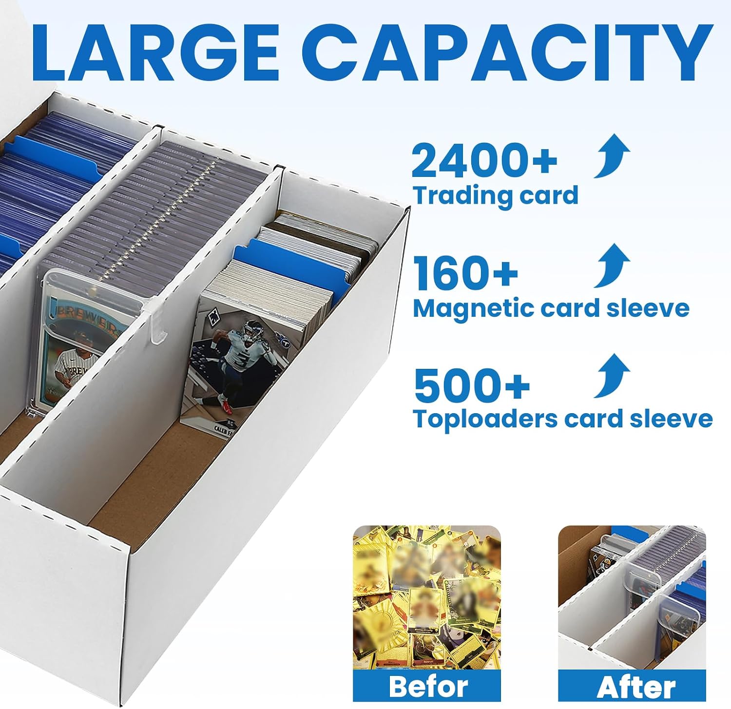 3 Row Trading Card Storage Box – Holds 2400 Cards, Fits Toploaders & Magnetic Cases, Includes 50 Sleeves, 8 Dividers & 3 Supports – Sport Card Organizer