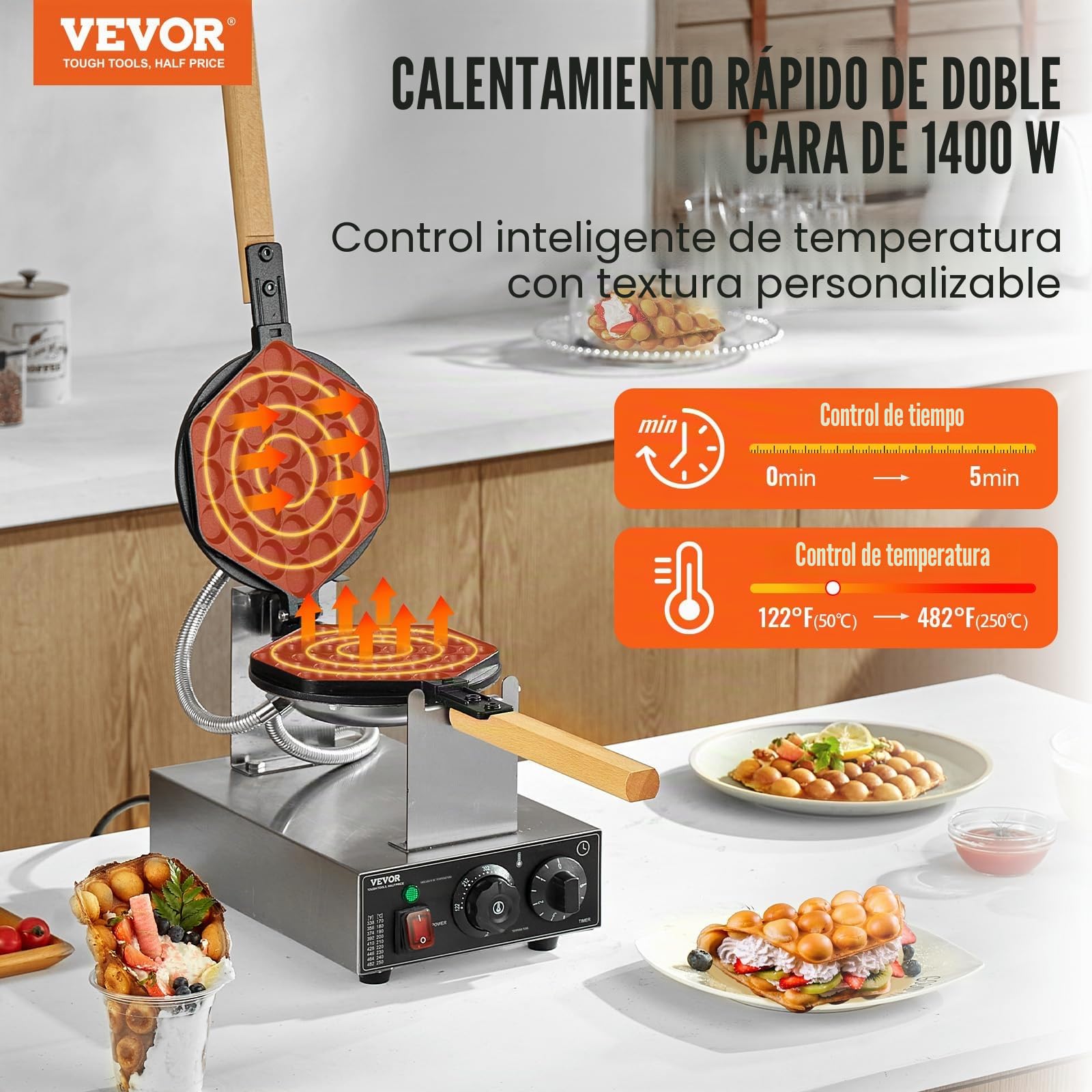 VEVOR Máquina para Hacer Gofres con Burbujas, 1400 W, Acero Inoxidable Antiadherente, Control Temperatura y Tiempo, Mango de Madera, para Restaurantes, Panaderías, 593 x 220 x 268 mm, Plata, 1P