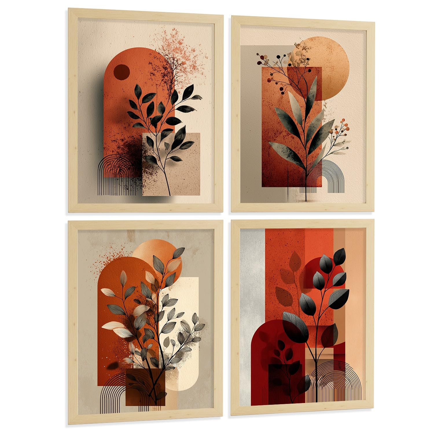 Nacnic Set De 4 Laminas Decorativas Flores Abstractas Cuadros Salon Modernos - Posters Decorativos Rojos Naranjas Decoración Dormitorios Cocina Baño A3 Marco Madera Clara
