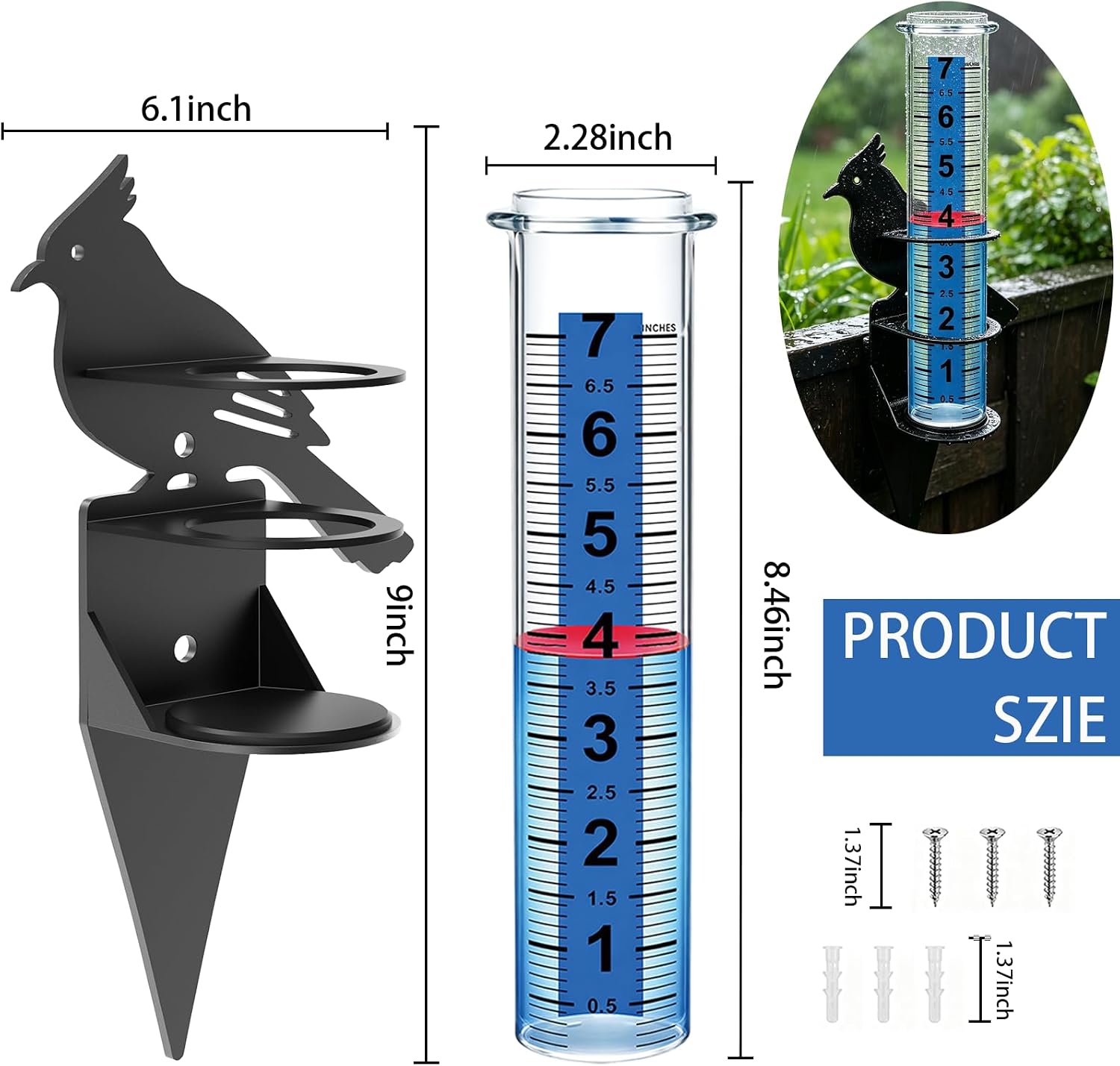 Rain Gauge Outdoor, Accurate Rain Gauges Outdoors Best Rated with Metal Rack Holder,Bird -Style Water Gauge for Rain with Red Float, Rain Meter with Thickened Plastic Large Font Tube for Yard Garden