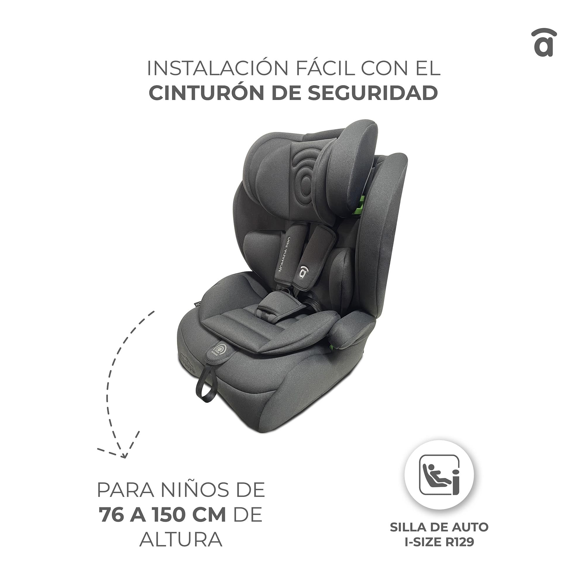 Silla de Coche i-Size 76-150 cm (15 meses–12 años) Grupo 1 2 3, Ligera 5 kg, Instalación con Cinturón, Arnés 5 Puntos, Protección Lateral – Asalvo Nómada Pro Gris