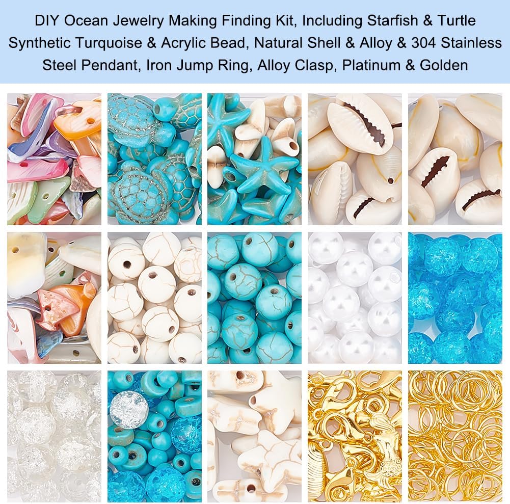 PandaHall 357pcs Starfish Shell Beads Ocean Jewelry Making Kit - 20g Synthetic Turquoise Seashells, Turtle & Mermaid Charms, Cowrie Shell Beads for Summer Beach Necklace, Bracelet & Anklet - Image 4