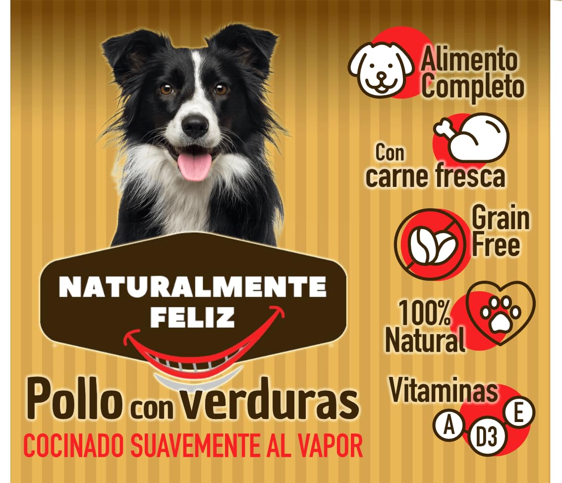 Naturalmente Feliz Alimento Natural casero para Perros, Comida húmeda con Carne y Verduras - 90% Carne (6x450gr) (Cocido Pollo - Ternera y Verduras) Comida Húmeda