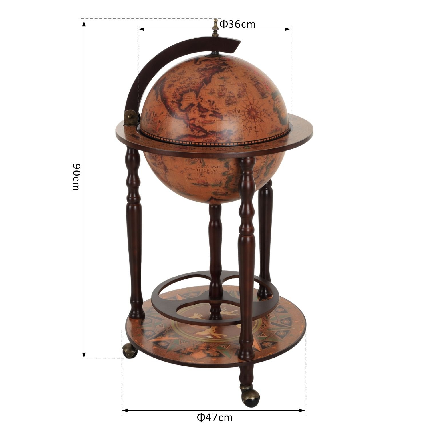 HOMCOM Mappamondo Bar, Minibar da Casa, Mappamondo Portabottiglie e Porta Liquori in Legno con 3 Ruote Ф47x90cm