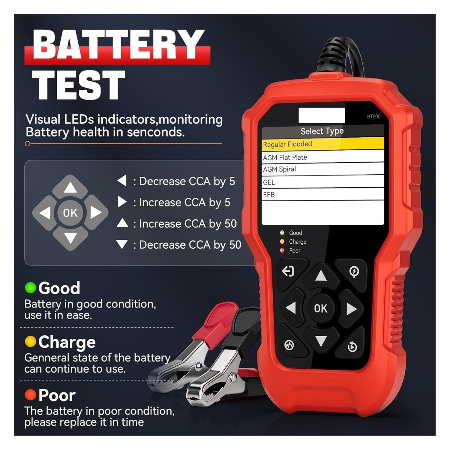 VDIAGTOOL BT500 6V 12V 24V Car Battery Tester with Waveform Diagra Diagnostic Analyzer Scanner Tool