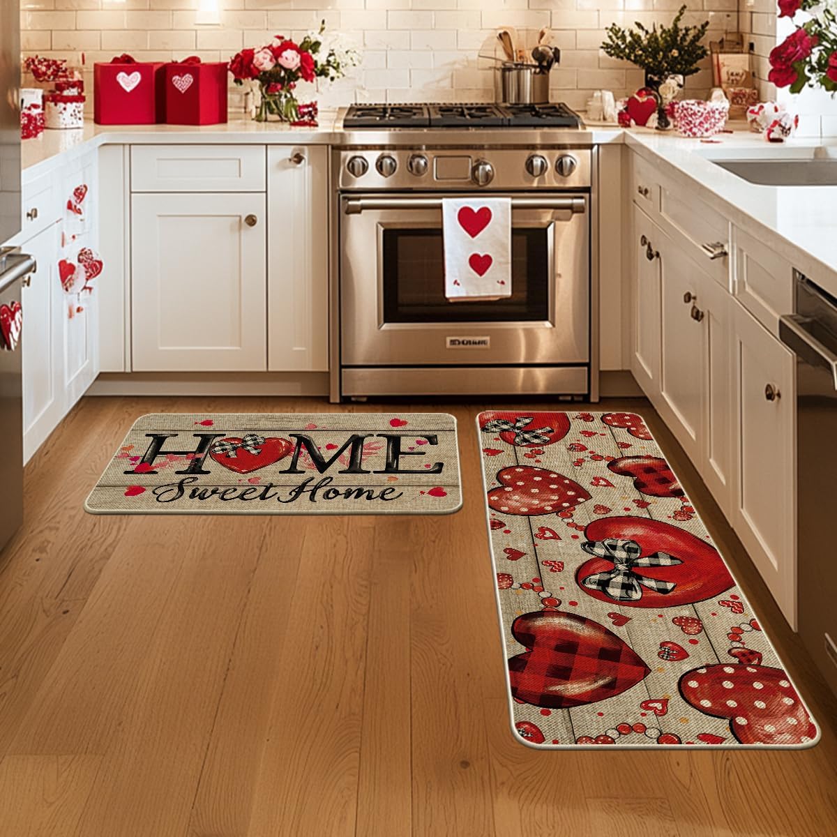 Artoid Mode Home Sweet Home Heart Beads Valentines Kitchen Mats Set of 2, Low-Profile Home Decor Kitchen Rugs for Floor - 17x29 and 17x47 Inch