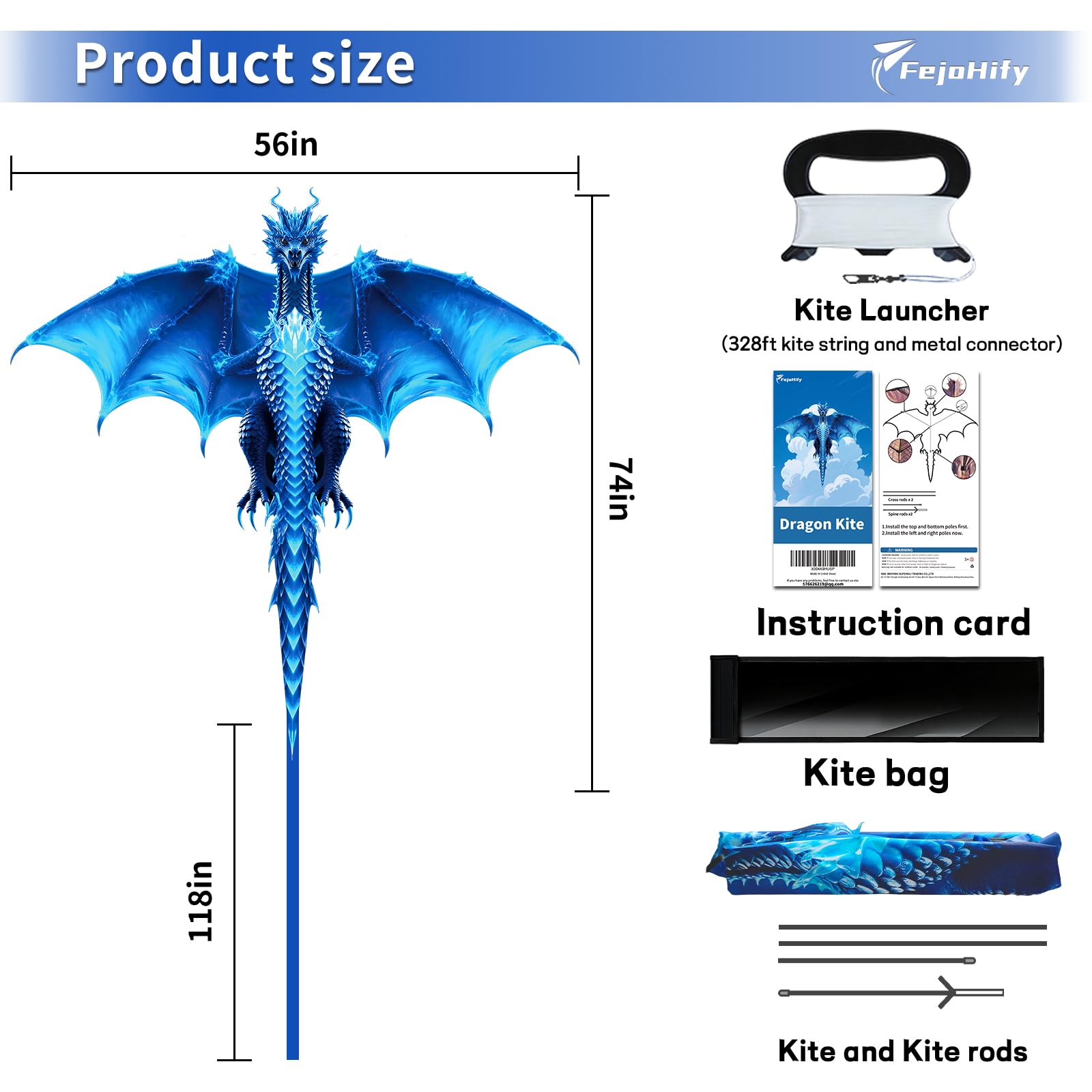 Cometa dragón grande para niños y adultos, fácil de volar con cuerda de 300 pies, perfecta para playa, parque, actividades al aire libre, regalo para niños y niñas (hielo)