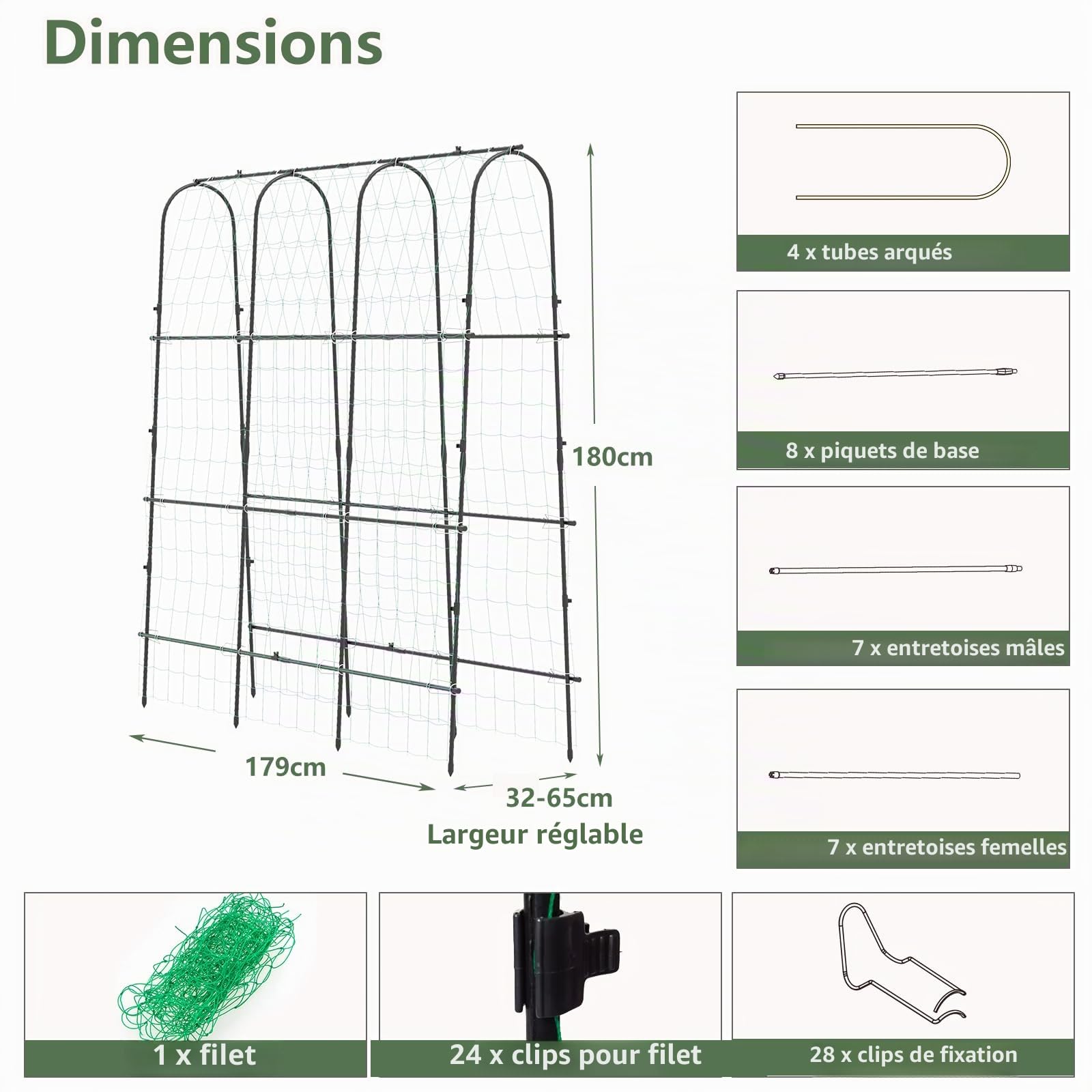 HOMASIS Treillis pour Plantes grimpantes, Support grimpant avec Tube Acier, revêtement Plastique, Maille PP, Facile à Installer, Treillis pour Plantes, Fruits et Fleurs (Arche)