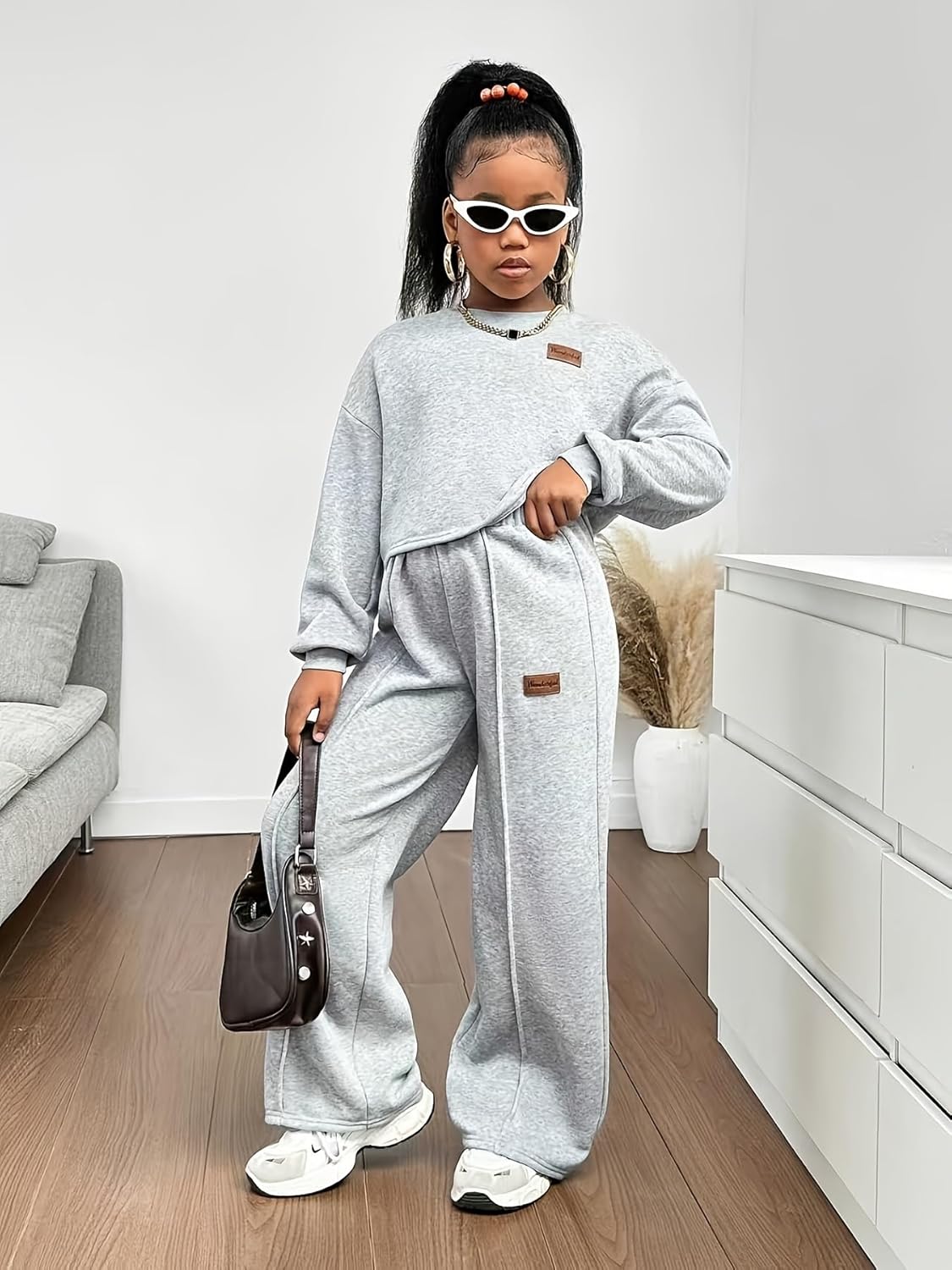Girls 2 Piece Sweatsuit Outfits Long Sleeve Pullover Sweatshirt Tops and Wide Leg Sweatpant Jogger Pants Sets for 8-12Y - Image 6