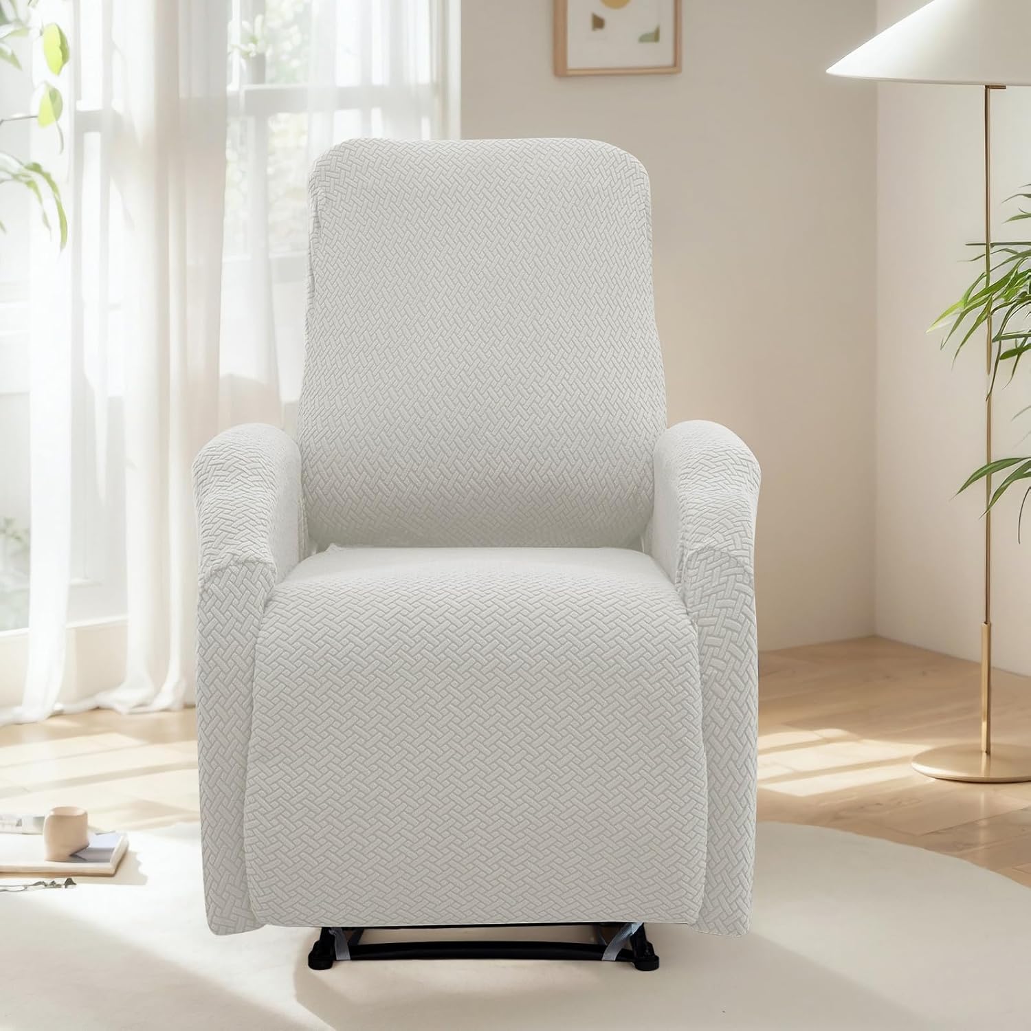 cjc Recliner Chair Cover 4-Pieces, New Small Recliner Chair covers with Pockets, Stretch Jacquard 1 Seat Reclining Couch Slipcovers, Anti-Slip Furniture Protector for Dogs Home Theater Seating (White)