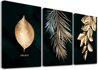 3 Piece Modern Gold Botanical Wall Art for Bathrooms Living Room Bedroom Wall Decor Green Plant Canvas Printed Pictures, Multi Panel Framed Nature Artwork Ready to Hang, 12" x 16" x 3…