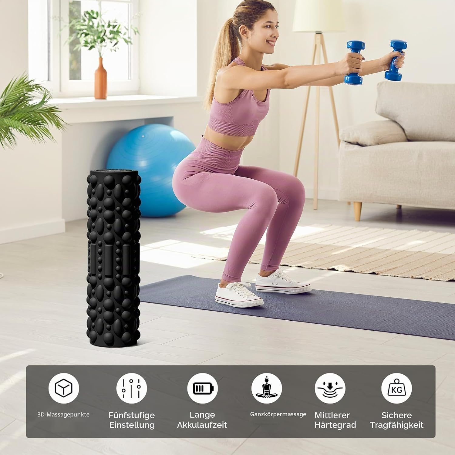 Rullo Elettrico in Schiuma Rullo Fasciale Elettrico Vibrante per Massaggi Muscolari Ricaricabile Tramite USB con 5 Intensità di Vibrazione Massaggiatore per Tessuti Profondi per Piedi e Corpo Intero