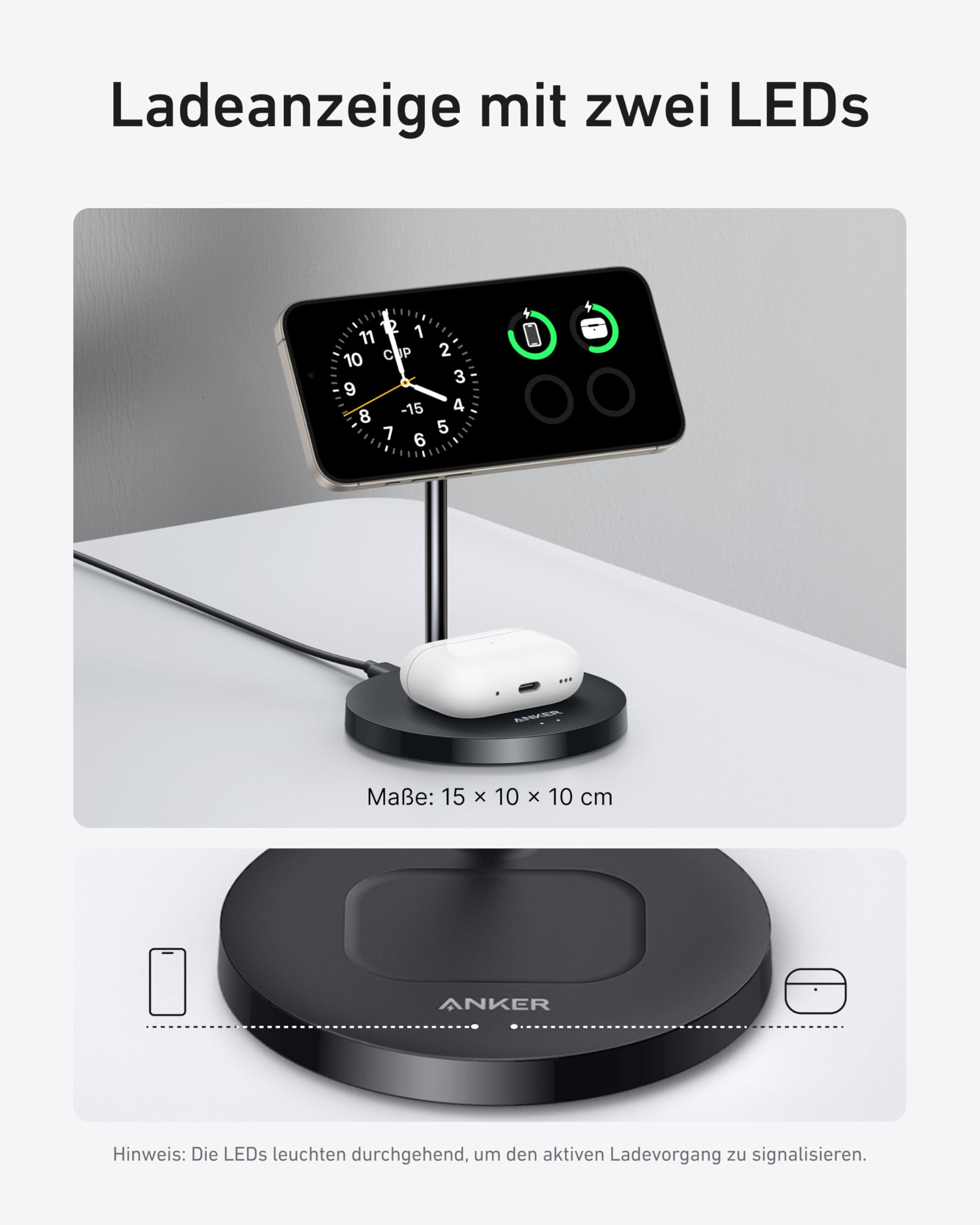 Anker MagGo 15W Magsafe Ladegerät kompatibel, 2-in-1 Induktive Ladestation, Qi2 Wireless Charger für iPhone 17/16/15/14/13/12, AirPods Pro, Mit 1,5m USB C Kabel, ohne Netzteil