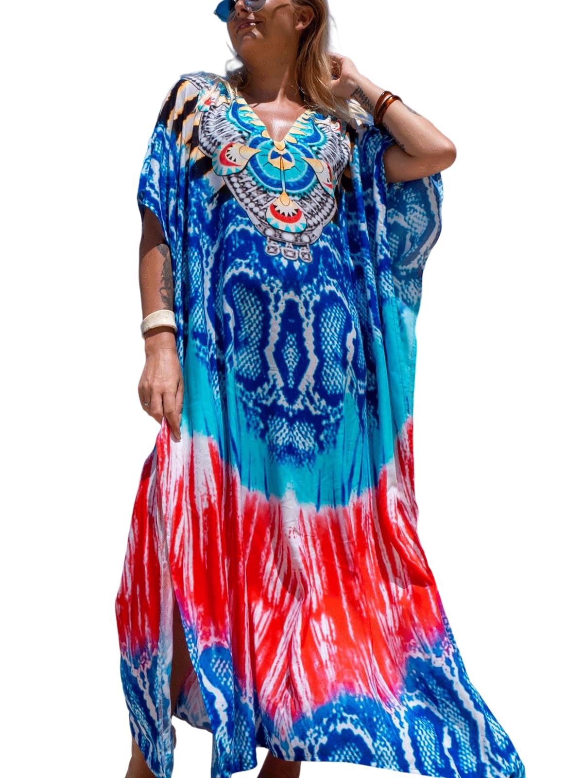 IMAGEKOPE Women's Plus Size Loose Fit Moroccan Print V-Neck Batwing Kaftan Beach Dress Bathing Suit Cover Up