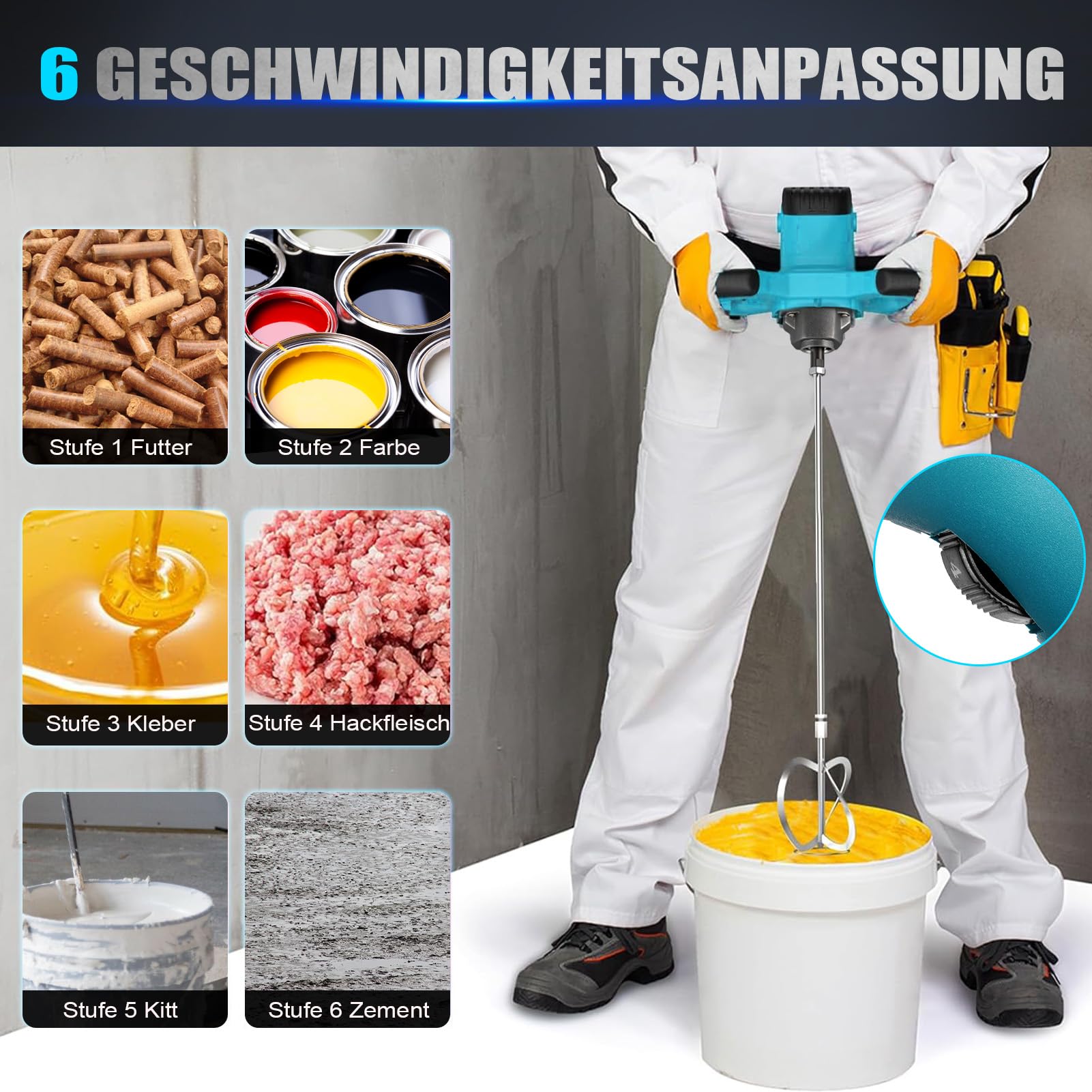 3500W Mörtelrührer mit 6-Gang Drehzahlregelung, 0–1500 U/min, Elektrisches Rührwerk für Beton, Zement und Farbe, Betonrührer mit M14 Quirl, Ergonomischer Doppelgriff Handrührwerk