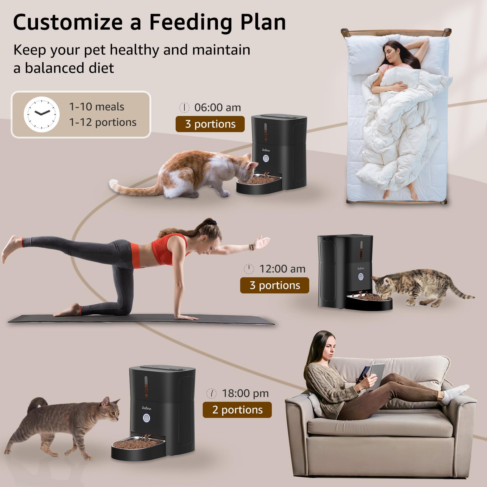 Balimo Distributore Automatico Cibo Gatti, 2.4G WiFi Dispenser Crocchette Gatto, 3L Distributore Automatico Cibo Cani, 10 Pasti al Giorno, Ciotola in Acciaio Inossidabile 304, Adatto Per Cani e Gatti